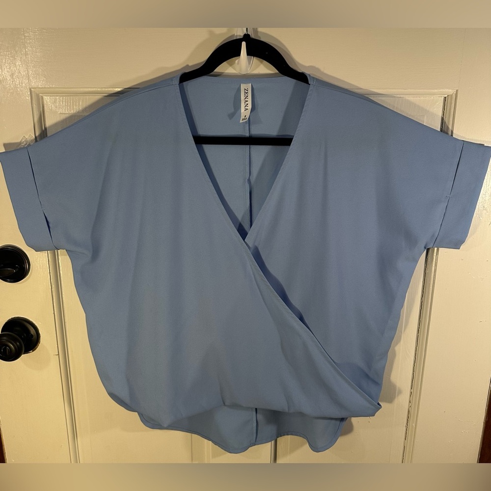 Zenana Cross Front Sky Blue Short Sleeve Cropped Front Blouse Size S